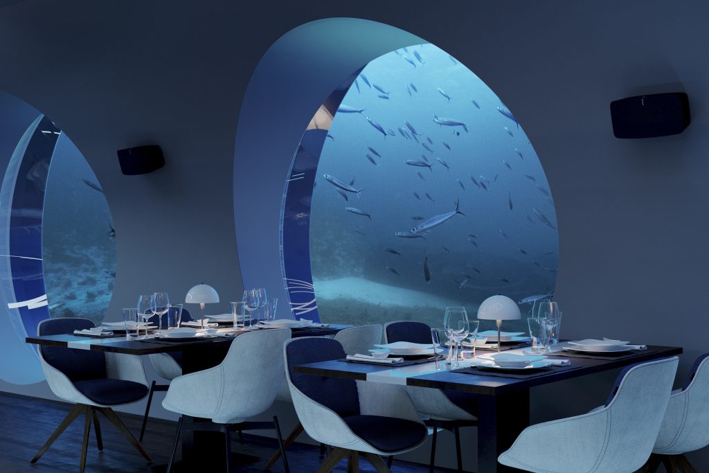 Dining inside the UBoat-Worx Under Water Entertainment Platform | Superyacht Content